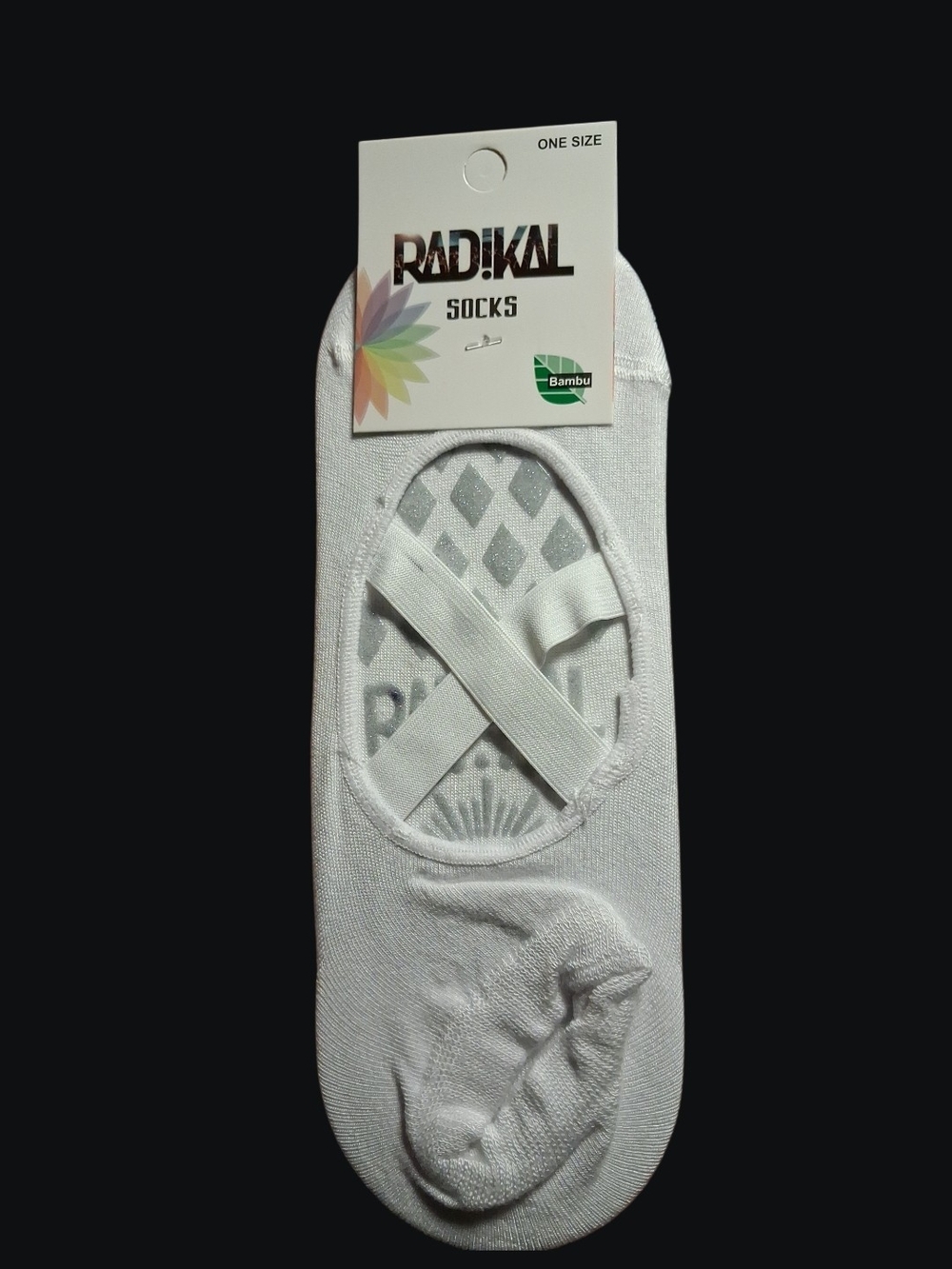 Radikal White No-Show Bamboo Liner Socks with Cross Straps Yoga/pilates